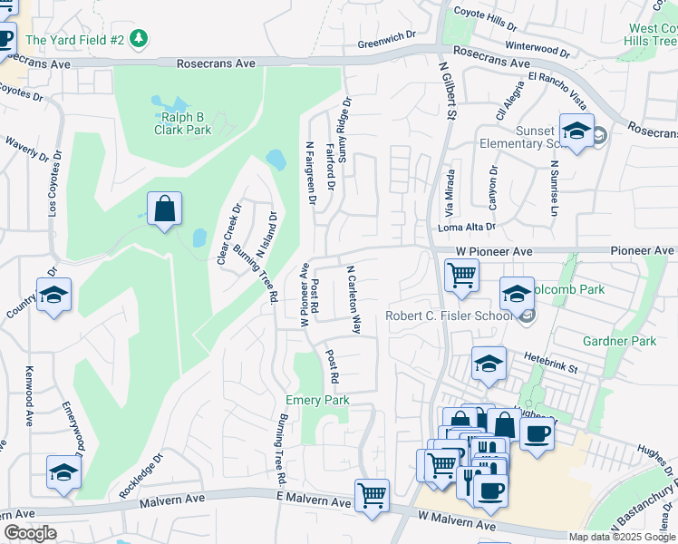 map of restaurants, bars, coffee shops, grocery stores, and more near 2559 Greenhill Drive in Fullerton
