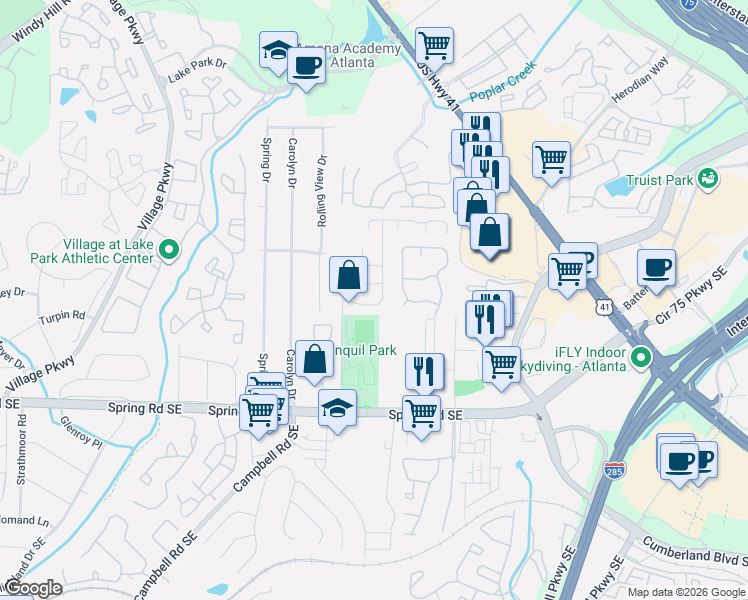 map of restaurants, bars, coffee shops, grocery stores, and more near 1269 Creekside Court in Smyrna
