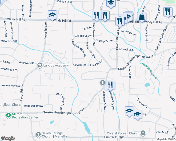map of restaurants, bars, coffee shops, grocery stores, and more near 137 Long Drive Southwest in Marietta
