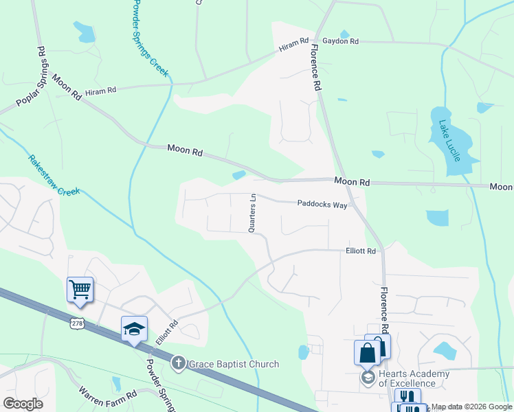 map of restaurants, bars, coffee shops, grocery stores, and more near 2801 Quarters Lane in Powder Springs