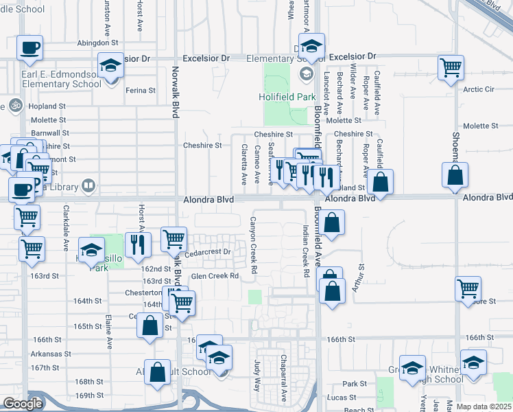 map of restaurants, bars, coffee shops, grocery stores, and more near 12419 Pine Creek Road in Cerritos