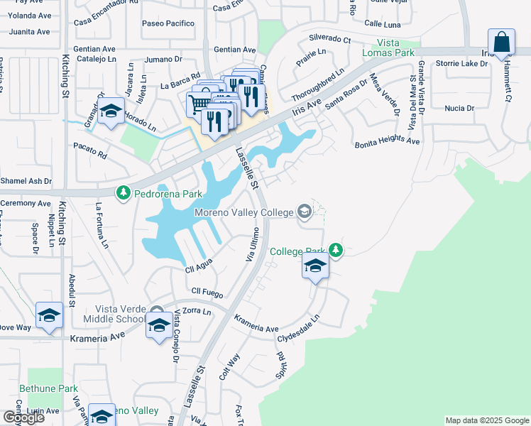 map of restaurants, bars, coffee shops, grocery stores, and more near 16111 Lasselle Street in Moreno Valley