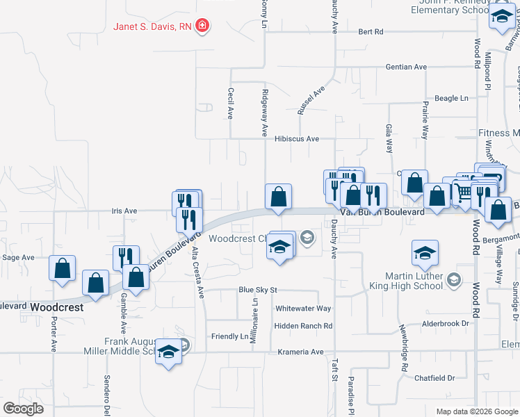 map of restaurants, bars, coffee shops, grocery stores, and more near 18200 Van Buren Boulevard in Riverside