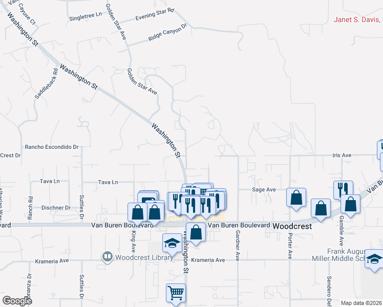 map of restaurants, bars, coffee shops, grocery stores, and more near 17040 Ranchero Road in Riverside