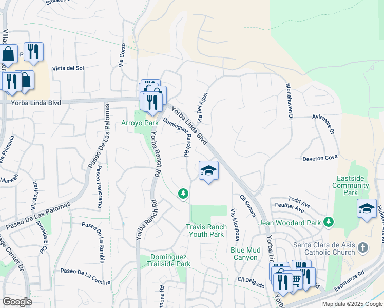 map of restaurants, bars, coffee shops, grocery stores, and more near 5060 Vía Del Fierro in Yorba Linda