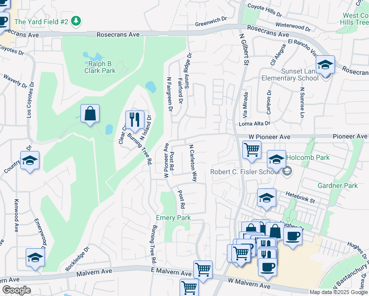 map of restaurants, bars, coffee shops, grocery stores, and more near 2559 Greenhill Drive in Fullerton
