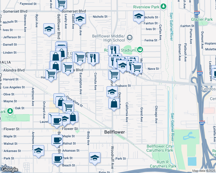 map of restaurants, bars, coffee shops, grocery stores, and more near 16115 Woodruff Avenue in Bellflower