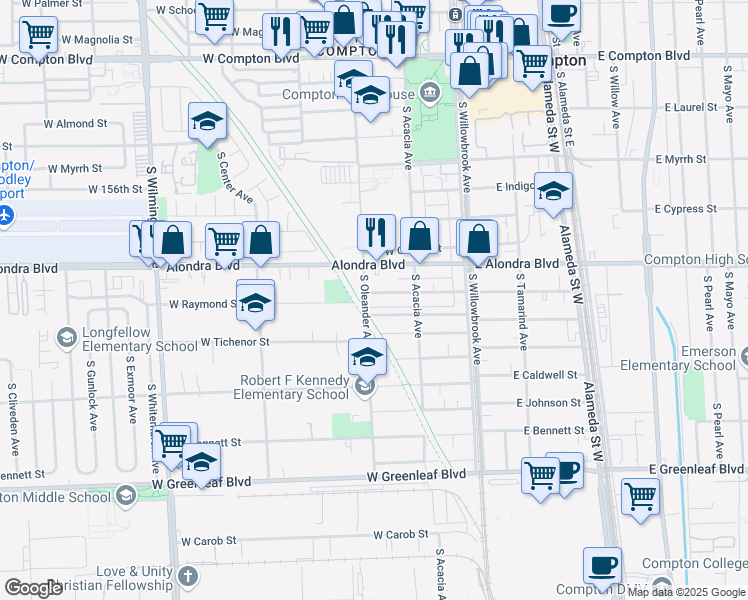 map of restaurants, bars, coffee shops, grocery stores, and more near 909 South Oleander Avenue in Compton
