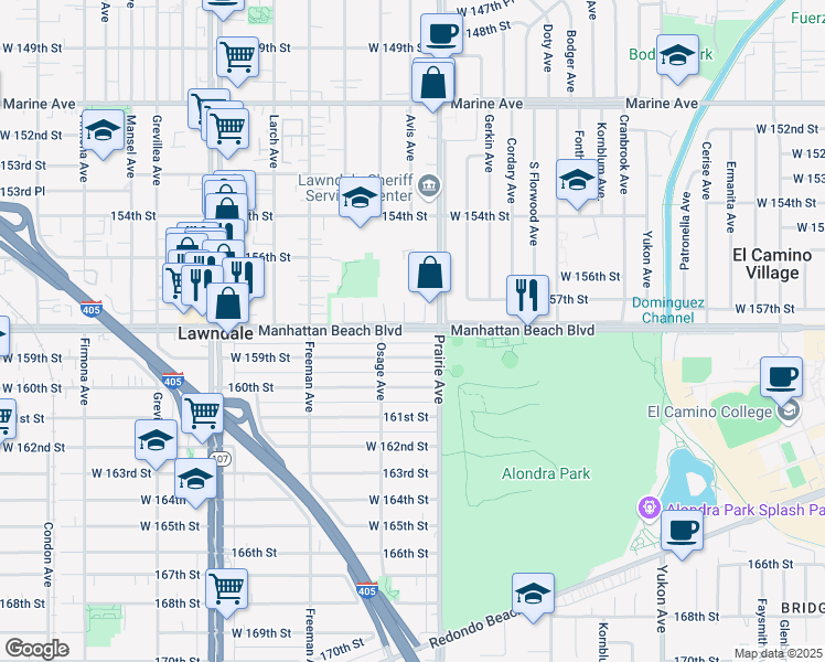 map of restaurants, bars, coffee shops, grocery stores, and more near 15713 Avis Avenue in Lawndale
