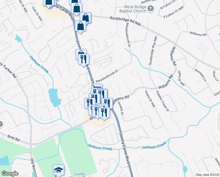 map of restaurants, bars, coffee shops, grocery stores, and more near 955 Omaha Drive in Norcross
