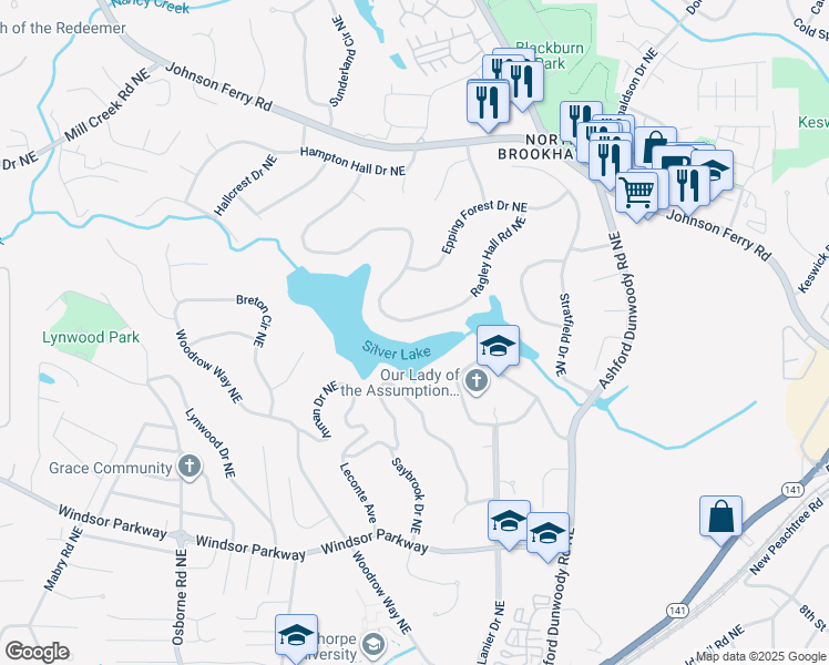 map of restaurants, bars, coffee shops, grocery stores, and more near 1366 Ragley Hall Road Northeast in Atlanta
