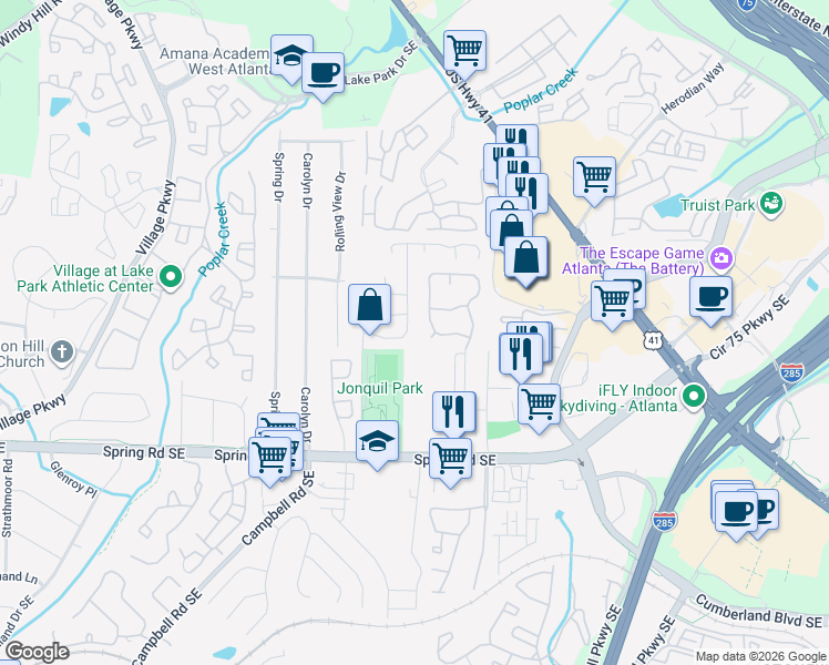 map of restaurants, bars, coffee shops, grocery stores, and more near 2028 Oakley Trace in Smyrna