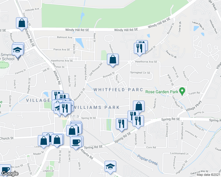 map of restaurants, bars, coffee shops, grocery stores, and more near 1039 Windy Oaks Court in Smyrna