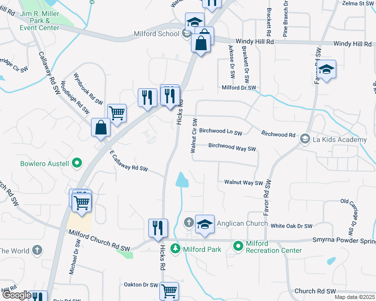 map of restaurants, bars, coffee shops, grocery stores, and more near 860 Walnut Circle Southwest in Marietta