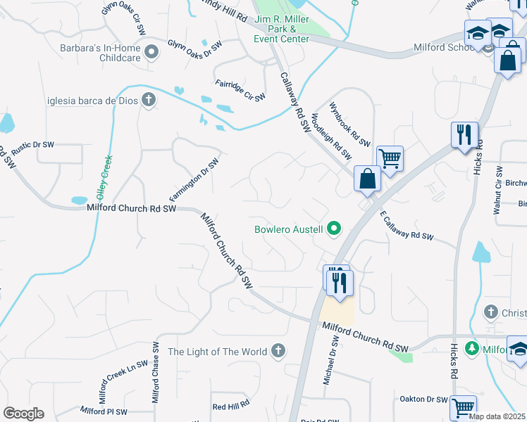 map of restaurants, bars, coffee shops, grocery stores, and more near 1213 Everwood Drive Southwest in Marietta