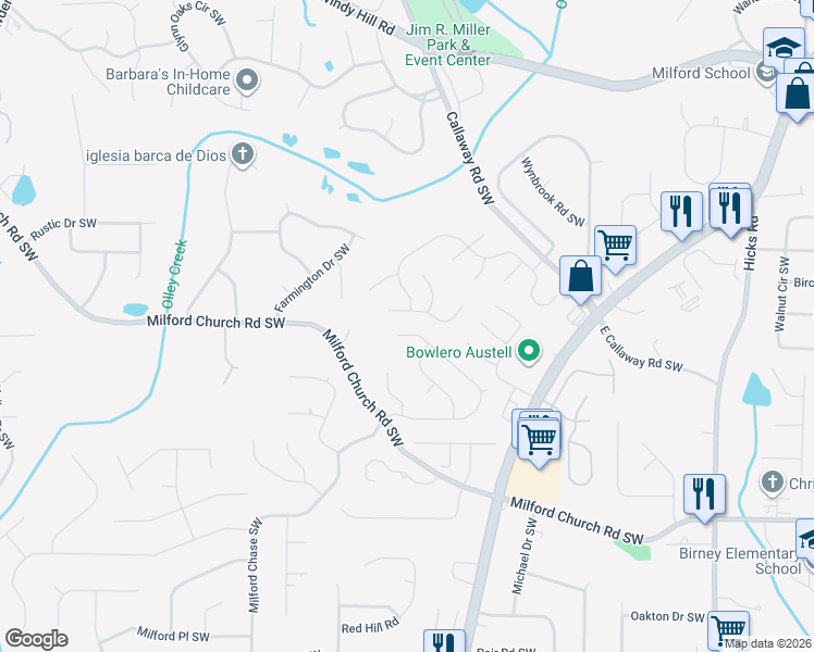 map of restaurants, bars, coffee shops, grocery stores, and more near 1207 Everwood Drive Southwest in Marietta