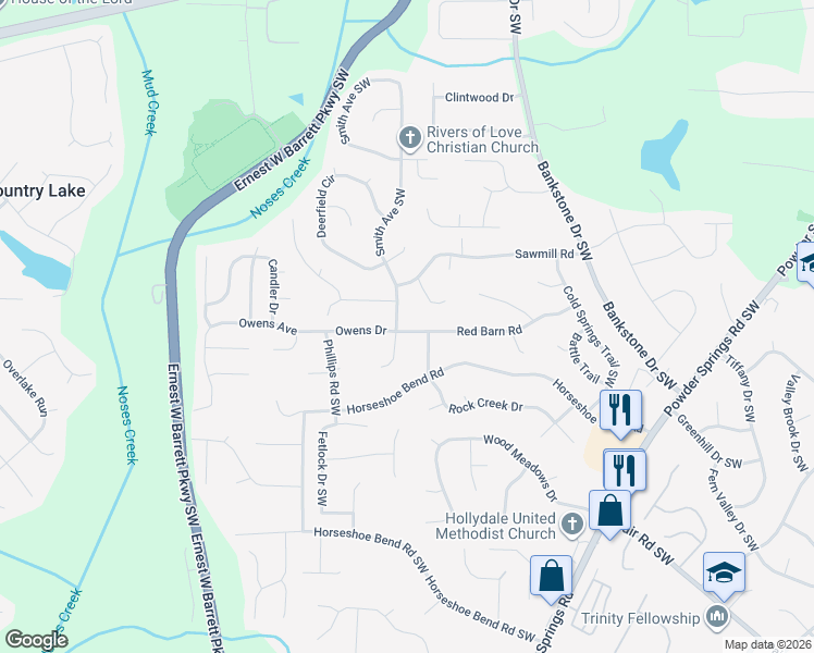 map of restaurants, bars, coffee shops, grocery stores, and more near 2551 Smith Avenue Southwest in Marietta
