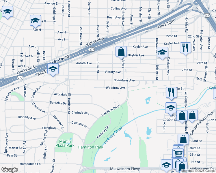 map of restaurants, bars, coffee shops, grocery stores, and more near 1809 Speedway Avenue in Wichita Falls