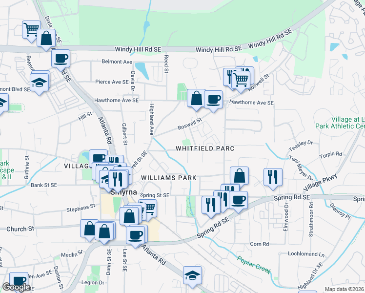 map of restaurants, bars, coffee shops, grocery stores, and more near 1507 Whitfield Street in Smyrna