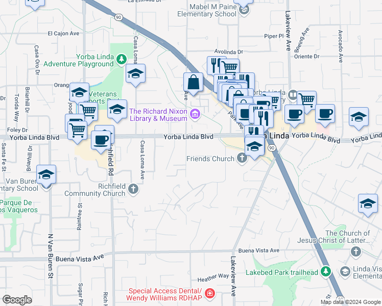 map of restaurants, bars, coffee shops, grocery stores, and more near 5076 Ruth Way in Yorba Linda