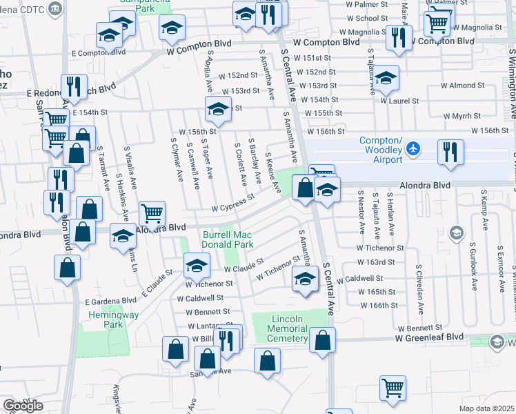 map of restaurants, bars, coffee shops, grocery stores, and more near 2303 West Alondra Boulevard in Compton