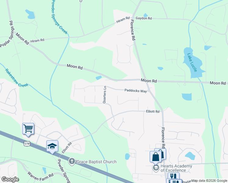 map of restaurants, bars, coffee shops, grocery stores, and more near 1299 Paddocks Way in Powder Springs