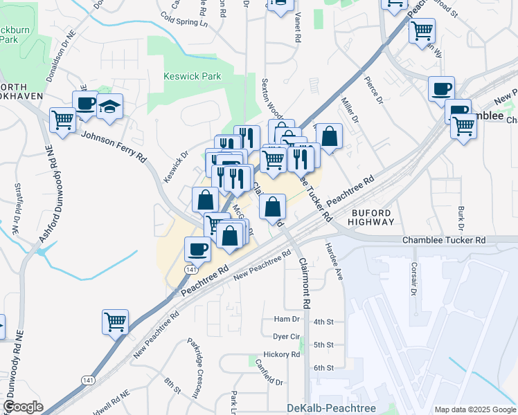 map of restaurants, bars, coffee shops, grocery stores, and more near 4267-4287 Clairmont Road in Chamblee