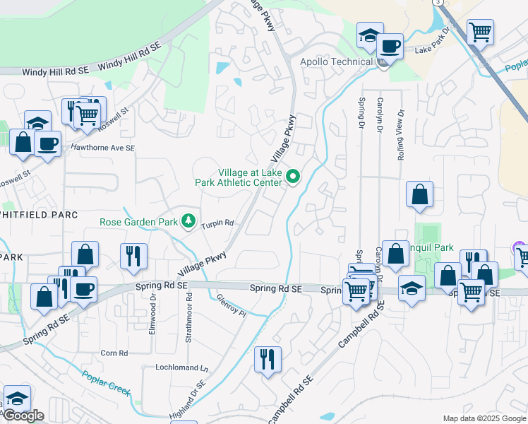 map of restaurants, bars, coffee shops, grocery stores, and more near 2085 Lake Park Drive Southeast in Smyrna