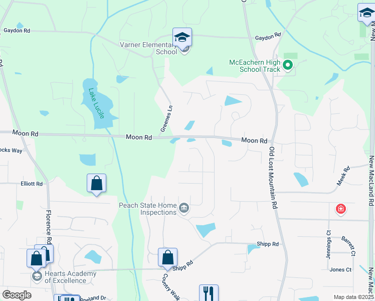 map of restaurants, bars, coffee shops, grocery stores, and more near 2700 Lost Lakes Drive Southwest in Powder Springs