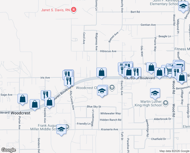 map of restaurants, bars, coffee shops, grocery stores, and more near 18200 Van Buren Boulevard in Riverside