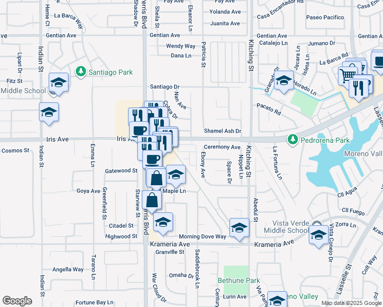 map of restaurants, bars, coffee shops, grocery stores, and more near 16046 Palo Blanco Street in Moreno Valley