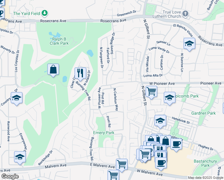 map of restaurants, bars, coffee shops, grocery stores, and more near 2606 Greenhill Drive in Fullerton