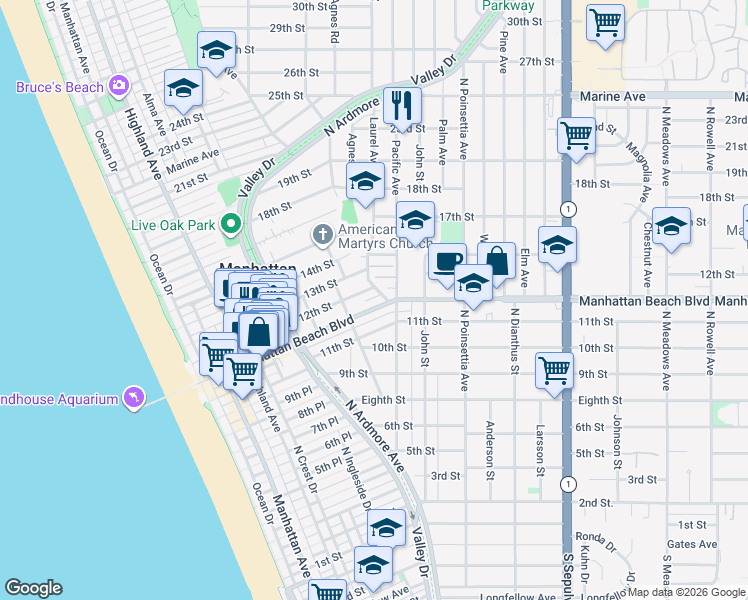 map of restaurants, bars, coffee shops, grocery stores, and more near 748 Center Place in Manhattan Beach