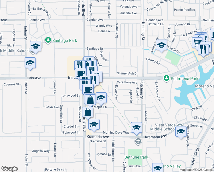 map of restaurants, bars, coffee shops, grocery stores, and more near 25159 Harmony Avenue in Moreno Valley
