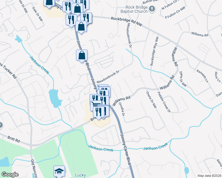 map of restaurants, bars, coffee shops, grocery stores, and more near 955 Omaha Drive in Norcross