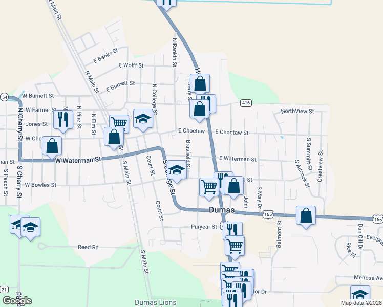 map of restaurants, bars, coffee shops, grocery stores, and more near 112 Brasfield Street in Dumas