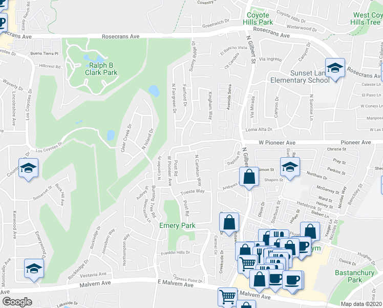 map of restaurants, bars, coffee shops, grocery stores, and more near 2606 Greenhill Drive in Fullerton