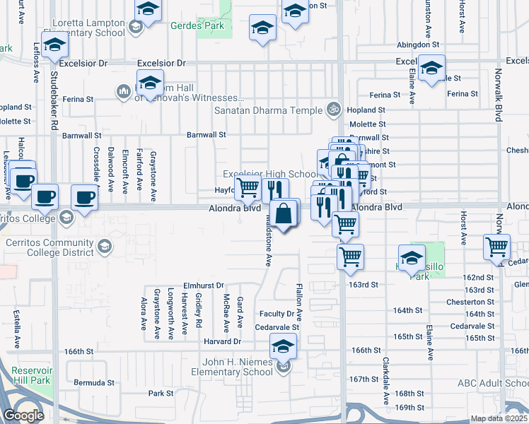 map of restaurants, bars, coffee shops, grocery stores, and more near 11531 Alondra Boulevard in Norwalk