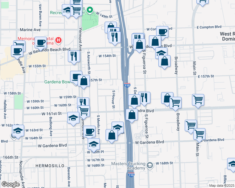 map of restaurants, bars, coffee shops, grocery stores, and more near 15813 Bonsallo Avenue in Gardena