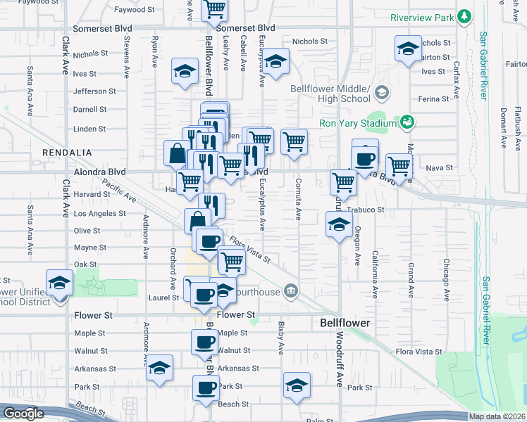 map of restaurants, bars, coffee shops, grocery stores, and more near 16123 Eucalyptus Avenue in Bellflower