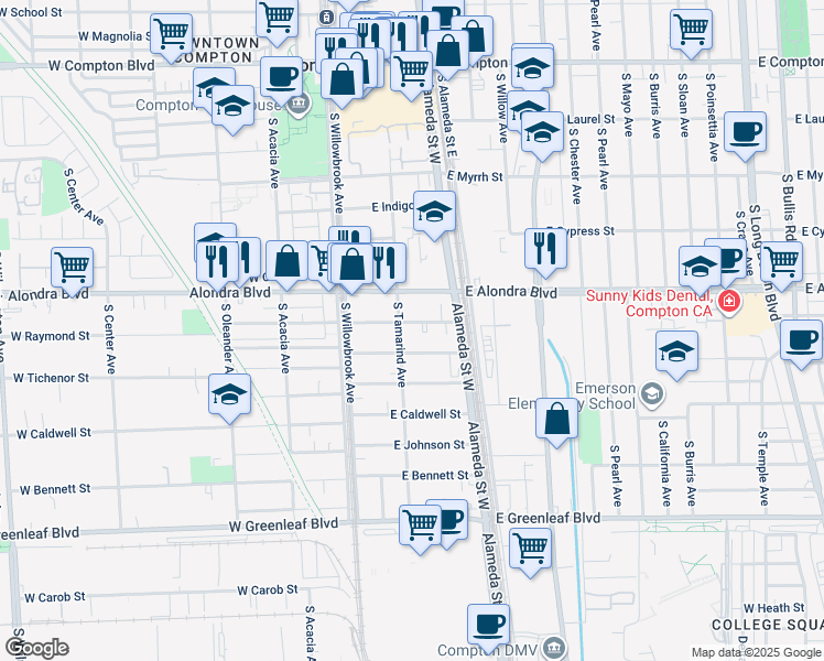 map of restaurants, bars, coffee shops, grocery stores, and more near 206 East Raymond Street in Compton