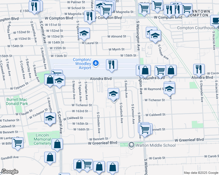 map of restaurants, bars, coffee shops, grocery stores, and more near 1020 South Grandee Avenue in Compton
