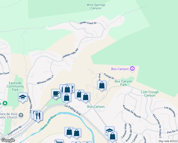 map of restaurants, bars, coffee shops, grocery stores, and more near 5005 Twilight Canyon Road in Yorba Linda