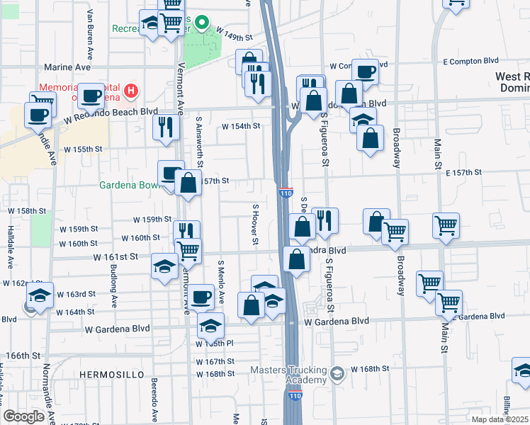 map of restaurants, bars, coffee shops, grocery stores, and more near 15813 Bonsallo Avenue in Gardena