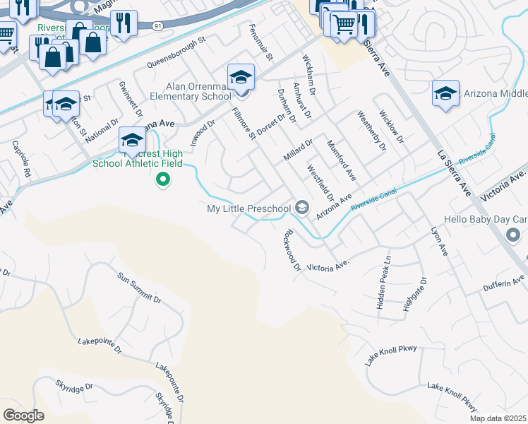 map of restaurants, bars, coffee shops, grocery stores, and more near 11569 Allwood Drive in Riverside