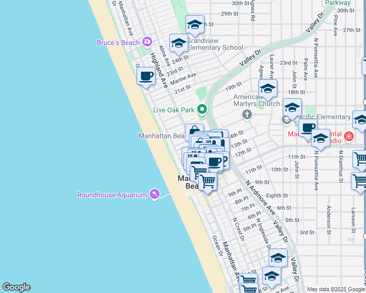 map of restaurants, bars, coffee shops, grocery stores, and more near 203 15th Street in Manhattan Beach