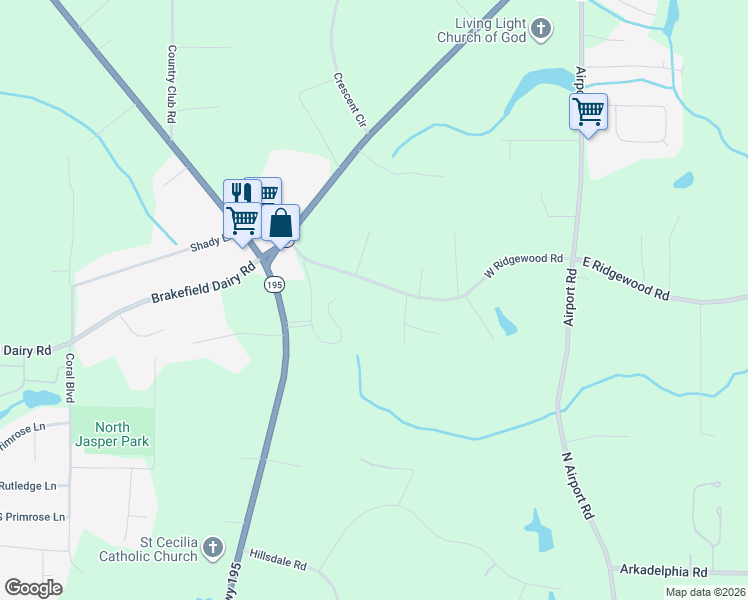 map of restaurants, bars, coffee shops, grocery stores, and more near 317 West Ridgewood Road in Jasper