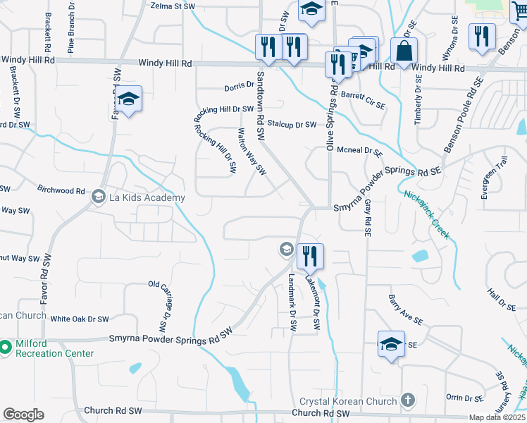 map of restaurants, bars, coffee shops, grocery stores, and more near 271 Timber Creek Lane Southwest in Marietta