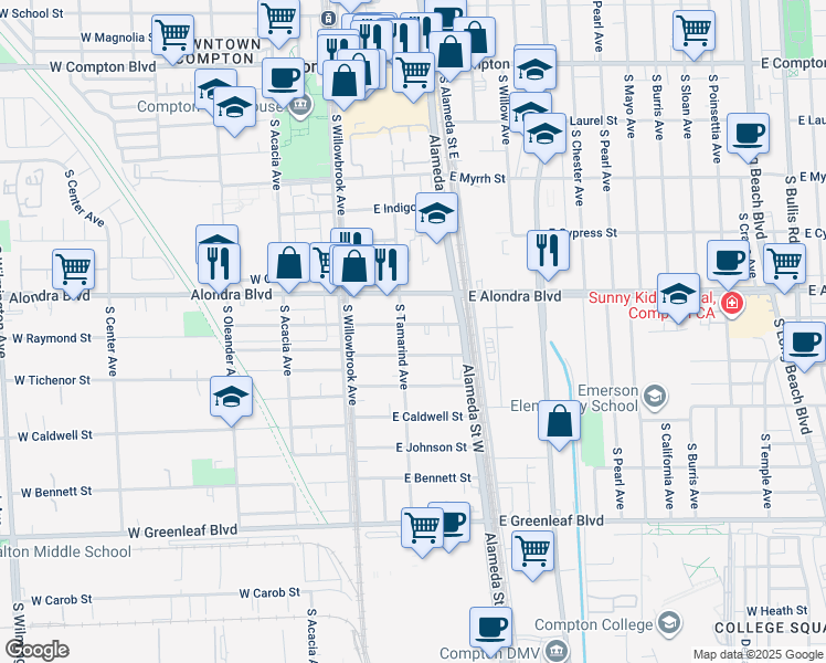 map of restaurants, bars, coffee shops, grocery stores, and more near 206 East Raymond Street in Compton
