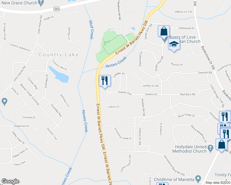 map of restaurants, bars, coffee shops, grocery stores, and more near 2725 Owens Avenue in Marietta